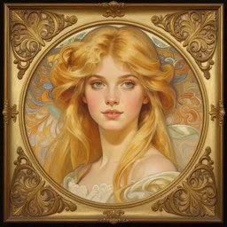 painted portrait of a girl, blonde hair, charming, young, elegant, upper body, fantasy, intricate, highly detailed, decorated frame, digital painting, artstation, concept art, smooth, sharp focus, illustration, art by ismail inceoglu, alphonse mucha, and pixar.