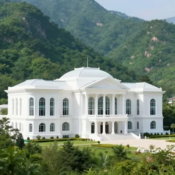 Gorgeous white palace with big windows and columns built in the giant green mountains, hyperdetailed, artstation, cgsociety, 8k