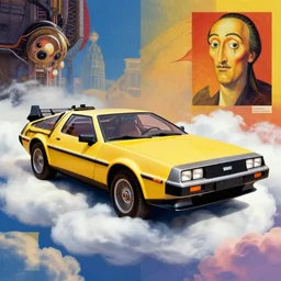 a yellow delorean in the clouds, colourful art by salvador dali magazine collage,