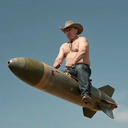 vladimir putin shirtless, wearing a cowboy hat, riding a nuclear missile in the sky