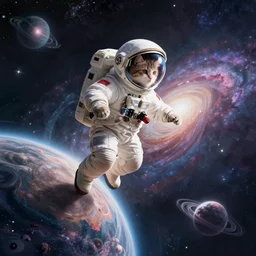 cat in an astronaut helmet jumping from one planet to another in a galaxy