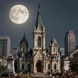 city skyline of decaying mausoleums, victorian, digital illustration, highly detailed, realistic, full moon, cinematic lighting, surreal, best of artstation