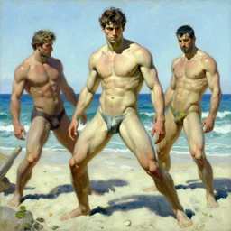 beach, attractive male, character design, dynamic lighting, cool and bright tint, painting by gaston bussiere, craig mullins, j. c. leyendecker, tom of finland