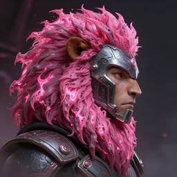 profile portrait, helmet lion cyberpunk made of pink lava and fire in lyaksandr prelle - tworek, aurora digital package, profile portrait, cyberpunk fashion, realistic shaded perfect face, fine details, very dark environment, misty atmosphere, closeup, d & d, fantasy, intricate, elegant, highly detailed, digital painting, artstation, concept art, matte, sharp focus, illustration, hearthstone