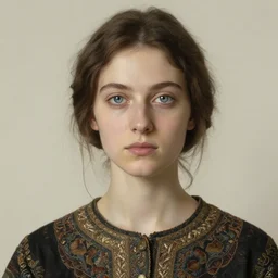 a portrait of a woman by justin ridler with reflections in her eye, intricate clothing