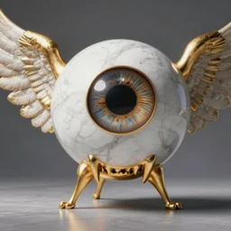 eyeball with wings and fangs, white marble with gold accents, by ellen jewett