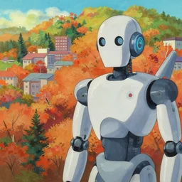 a close - film still of a gouache painting style autumn forest city, close up at the robot, trending on pixiv fanbox, painted by greg rutkowski makoto shinkai takashi takeuchi studio ghibli, aki
