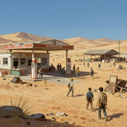 painting of a dystopian desert marketplace, old american south, ruins, sandy, intense battle, ancient destroyed gas station, by ruan jia, by conrad roset, by yoshitaka amano, cgsociety, artstation, portfolio quality.