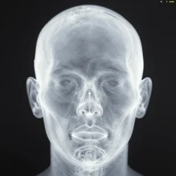 realistic object photo portrait of neutral face made pure transparent plastic white, man ray, x - ray, electronic microscope, front view, symmetric 1 9 9 0, life magazine photo