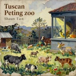 tuscan petting zoo with small creatures by shaun tan, intricate, detailed, torn paper decollage, oil on canvas by edward hopper, ( by mattias adolfsson ),