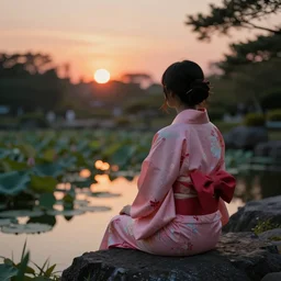 zen master in a beautiful pink and red kimono quietly sitting in a rock garden overlooking a pond of lilly pads during a sublime sunrise, one sun, his dark silhouette completely obscured by bokeh, colorful masterpiece photography,