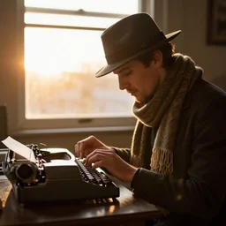 the singer beck composing his next album on an old school typewriter, he is wearing a fedora and a scarf with tassels, the sun is going down, you can see the sun through the window, in the style of kilian eng