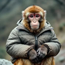 an old picture of a monkey wearing a puffer jacket
