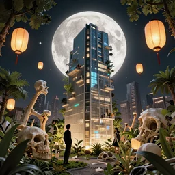 blockchain headquater nendroid ginoid by zdzislaw beksinski and hajime sorayama lush plants and spiky bones everywhere, the moon is big an in the city, glowing paper lanterns, high fashion, magic details, by james jean, hd, 8 k, trending on artstation, uhd