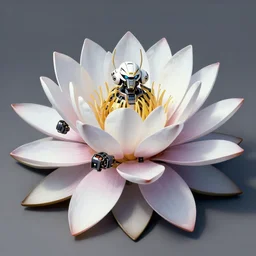 waterlily amphibious zeon mobile suit, flower head robot waterlily themed amphibious zeon mobile suit flower petals being robotic limbs, detailed sci - fi painting, waterlily pads sculpted in metal, by cyril rolando, by beeple. biomechanical, bandai box art, 8 k hd resolution, behance hd artstation. # power armor, 8 k hd resolution