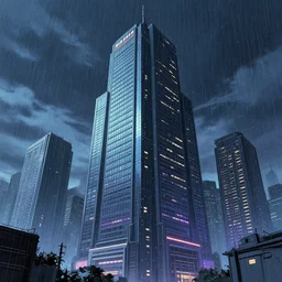 city in the style of cyberpunk, singular gigantic building focus, space sky, anime illustration, rain