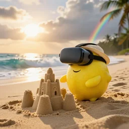 a photograph, of a real anthropomorphic lemon cartoon character, it has lemon skin texture, it's wearing a hat and a vr head, building a sandcastle on the beach at sunset, beach, huge waves, bright sun, turbid clouds, rainbow, tropical trees, rim light, sand, sandcastle, volumetric lightening, pentax k 1 0 0 0