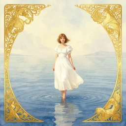 highly detailed portrait of a barefoot white skirt girl stand on the water, water surface reflection, the calm sea level, ultra wide angle, gold filigree, romantic storybook fantasy, soft cinematic lighting, award, disney concept art watercolor illustration by mandy jurgens and alphonse mucha and alena aenami, pastel color palette, featured on artstation