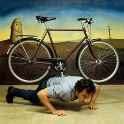 a man crawling on the floor, bicycle over his shoulders, background is a painting from salvator dali