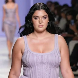 olivia wearing vsusiebsuz, runway model at new york fashion week, fit curvy physique, black hair, freckles, pale skin, photo by greg rutkowski, stage lighting, soft colors, female beauty, intricate detail, elegance, 3 5 mm, depth of field, masterpiece