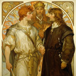 bradley james as arthur pendragon and colin morgan as merlin. highly detailed painting by gaston bussiere, craig mullins, j. c. leyendecker, alphonse mucha, greg rutkowski, 8 k