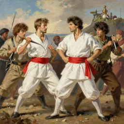 white red cloth fabric jodhpurs greg manchess fighting scene painting by sargent and leyendecker, studio ghibli, fantasy, medium shot, asymmetrical, intricate, elegant, matte painting, illustration, hearthstone, by rhads by greg rutkowski, by greg tocchini, by james gilleard, by joe fenton