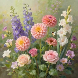 multi color dahlia, delphinium, freesia, roses, gladiolus, pastel botanical painting, animal fairy, nature unique attractive, beautifully lit, by studio ghibli and albert bierstadt, 8 k volumetric lights unreal engine trending on art station