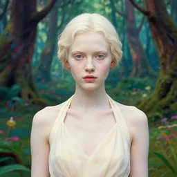 cute portrait of a girl, ivory pale skin, halter neck, lost, in a magical forest, vibrant, hyperrealism, elegant, by krenz cushart and wes anderson, charlie bowater and artgerm