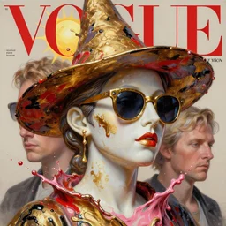 3 d marble statue of witch's head in sunglasses, multiple splashes of golden and red and black paint, liquid white and pink metal, sun, vogue cover style, poster art, high detail, intricate oil painting, multiple exposure, stanley kubrick mood, hyperrealism, 3 d, by tooth wu and wlop and beeple and greg rutkowski
