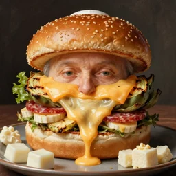 a amazing new surrealist hybrid of the pope mixed with an anthropomorphic cheeseburger made of the popes face by kandinskali and catrin welz - stein, melting cheese, steamed buns, grilled artichoke, sliced banana, salami, milk duds, licorice allsort filling
