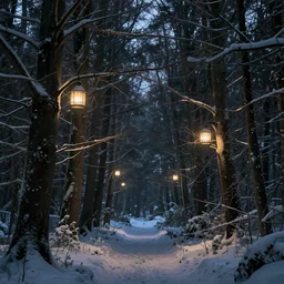 eerie lights perched on branches in winter forest, artstation winter fantasy, dark fantasy, winter landscapes