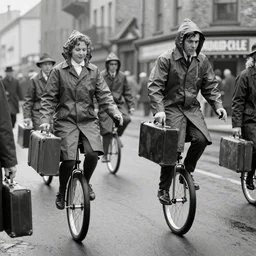 1930 style street photography with people riding unicycles while wearing raincoats and suitcases