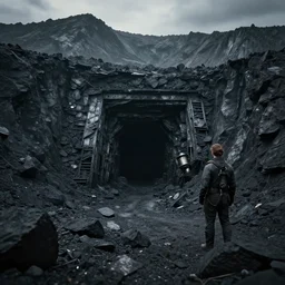 an ultra realistic, cinematic, fantasy landscape, with a deserted coal mine entrance into the mountain, detailed, deep focus, movie still, dramatic lighting, ray tracing, by wlop and ross tran