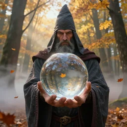 portrait of mighty wizard holding in hand huge clear glass fresnel ball in the sunshine autumn forest, falling autumn leaves are reflected in the ball, foggy bottom, god rays, ultrasharp, art by john berkley, greg rutkowski, clyde caldwell, octane render, artstation, epic composition, detailed, cinematic