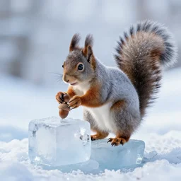 a frozen squirrel removing a oak nut from a large ice cube photograph ice age