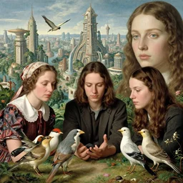 non binary future world, sustainable cities in a harmonious coexistence, lou, noa & plume are studying the birds language, super 8 portrait by maria sibylla merian, derek jarman, barbara hammer 4 k, 8 k, perfect face