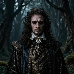 portrait of mournful, dangerous, mysterious James Frain's  Cromwell as a king of the fairy forrest. The background is a dark, creepy eastern europen forrest.  night, horroristic shadows, high contrasts, photorealistic, detailed, lumnious, theatrical, character concept art by ruan jia, thomas kinkade, and J.Dickenson, trending on Artstation