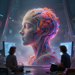 the mind is leaving the body of a dream computer by mia brownell, art by anna hotchkis, antonio saura, very detailed, maximalism, ambient occlusion, volumetric light, atmospheric haze, hyper realism, futuristic but colorful shading, cinematic composition, realistic render, photography, wide shot