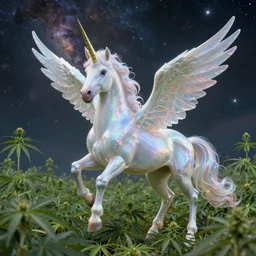 an iridescent unicorn with translucent wings frolicking in a field of marijuana, a nebula is in the sky, art by artgerm and greg rutkowski and alphonse mucha, concept art, octane render, unreal engine 5, highly detailed, high quality, 8 k, soft lighting, realistic face, path traced