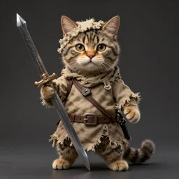 humanoid homeless cat wielding a sword and wearing rags, d & d, fantasy