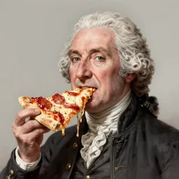 portrait of George Washington opening his mouth to eat pizza, highly detailed, digital painting, artstation, concept art, sharp focus, illustration, art by artgerm and greg rutkowski and alphonse mucha