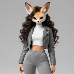 female anthropomorphic fennec fursona in short white! top and short gray! leather jacket, long dark curly hair, high waist sweatpants, intricate, elegant, highly detailed, digital painting, artstation, concept art, smooth, clockwork, sharp focus, illustration, metart, art by artgerm and greg rutkowski and alphonse mucha, 8 k
