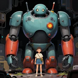 big robot and girl, dark place, highly saturated colors, detailed illustration, digital art, overdetailed art, concept art,dan mumford, Greg Rutkowski, trending on artstation