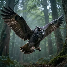 a giant humanoid dark mystical owl in a forest, wings spread, landing, majestic, by greg rutwolski, john howe