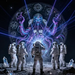 astronauts worshipping cthulhu on the moon, lovecraft, demonic sigils, led lights, crystalline shimmers, laser beams, hatred,