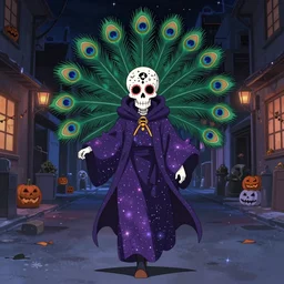 an anime about a sugar skull character, 9 peacock tails, cosmic mage robes and walking through an empty street alone at night, halloween decorations, anime, peaceful, vhs, art by yuji ikehata