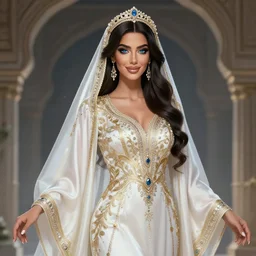 a beautiful arabian woman wearing a wedding dress kaftan by karol bak, ayami kojima, artgerm, arabian beauty, blue eyes, smile, concept art, fantasy