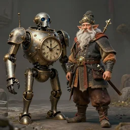 an old dwarf musketeer and his large clockwork robot companion, golem, steampunk, ming dynasty, chinese fantasy, reasonable fantasy, realistic, detailed, tabletop rpg, ghostblade, wlop.