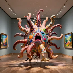 a teratoma exploding in the middle of a museum room realizing that he has consciousness painted by hockney and giger