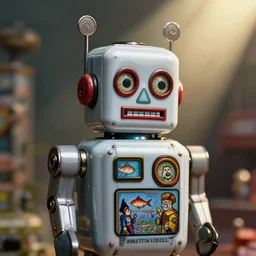 highly detailed closeup portrait of a cute tin toy retro robot, nicoletta ceccoli, mark ryden, lostfish, earl nore, hyung tae, frank frazetta, global illumination, god rays, detailed and intricate environment